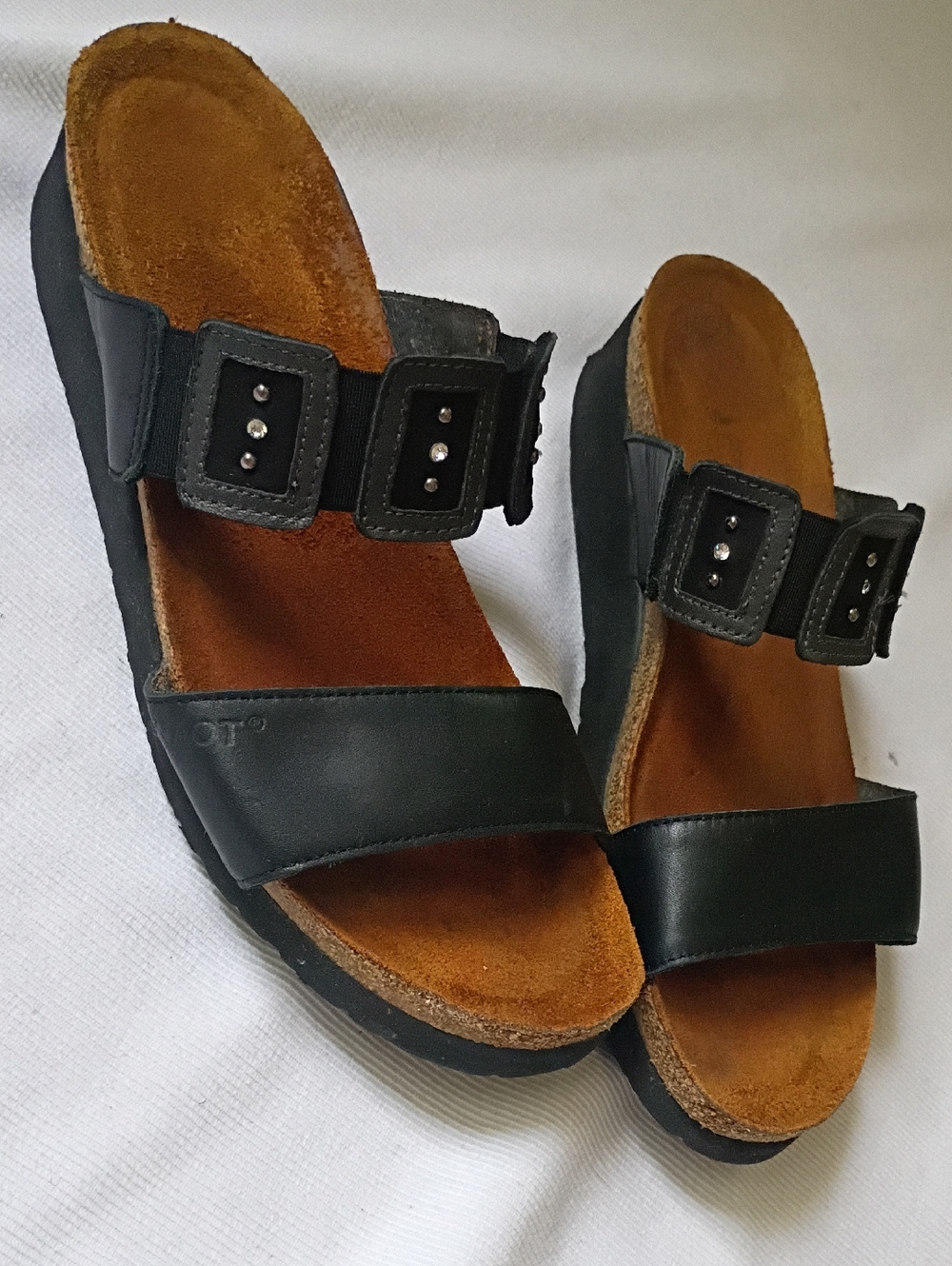 Naot Black Leather Rhinestone Cork Sandals
